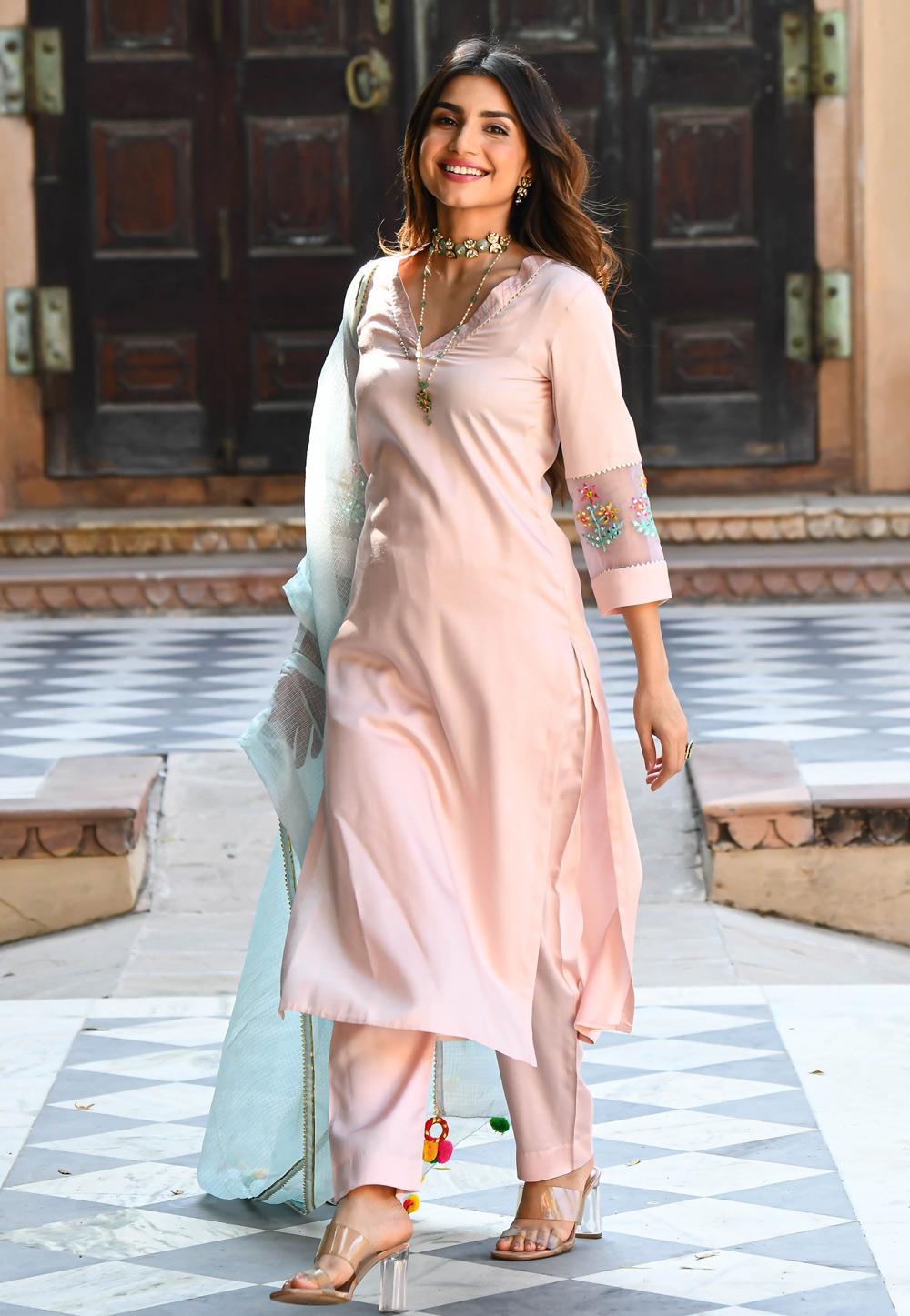 Light Pink Viscose Rayon Readymade Pakistani Suit 273350
