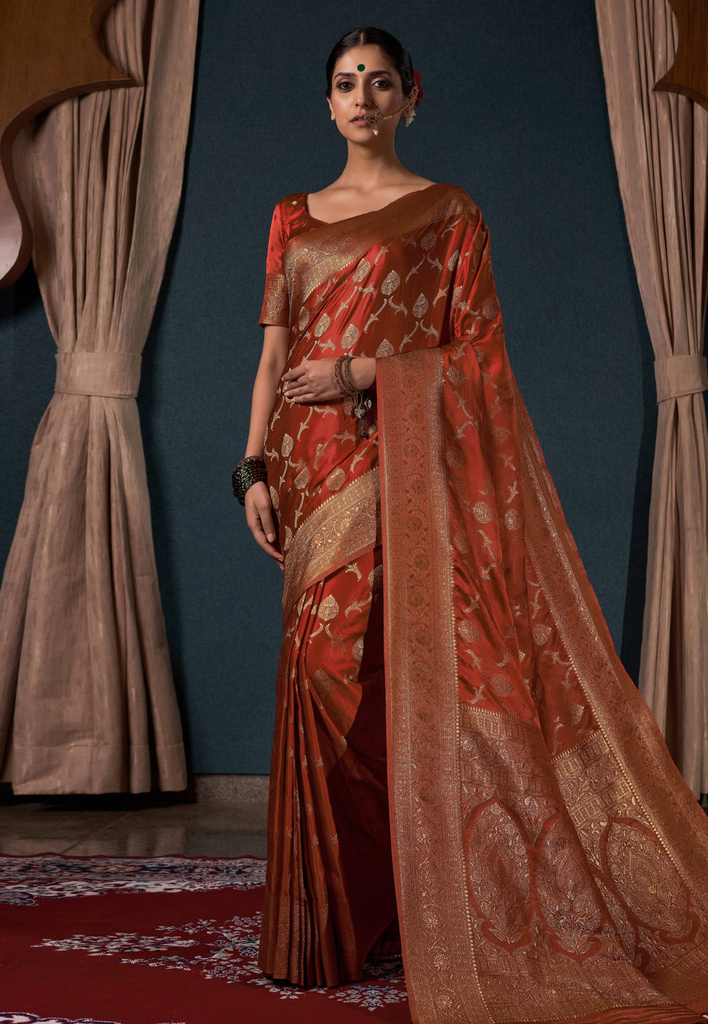 Rust Satin Silk Saree With Blouse 273496