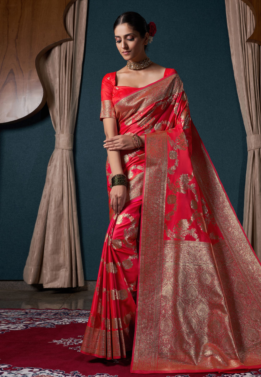 Red Satin Silk Saree With Blouse 273504