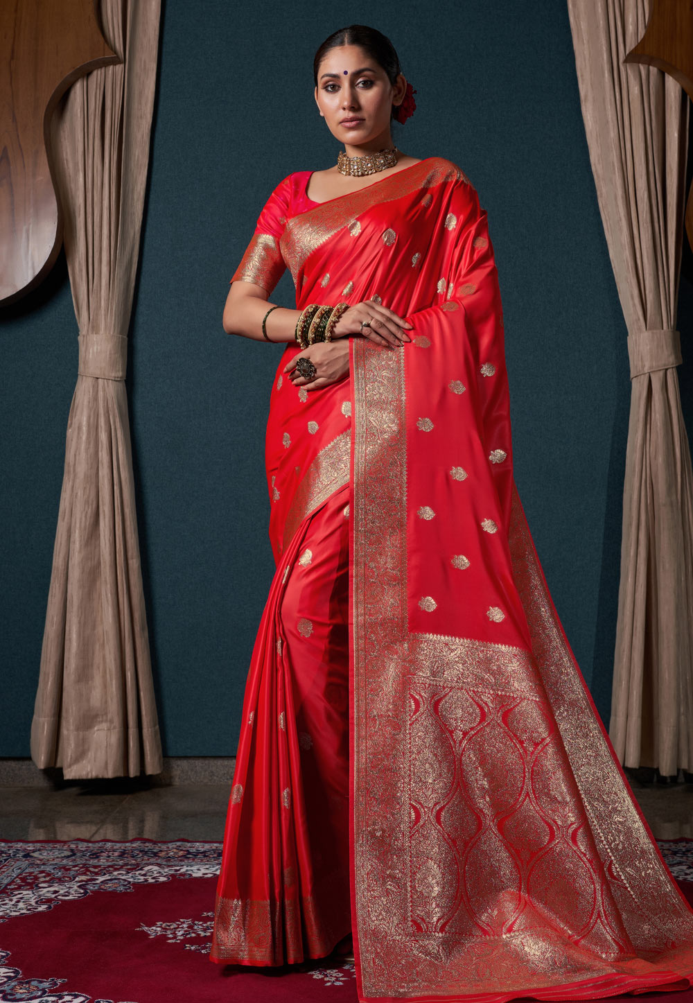 Red Satin Silk Saree With Blouse 273507