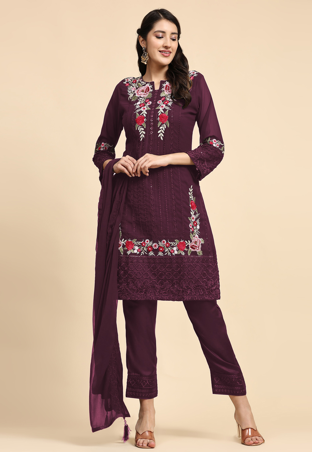 Wine Faux Georgette Pant Style Suit 273360