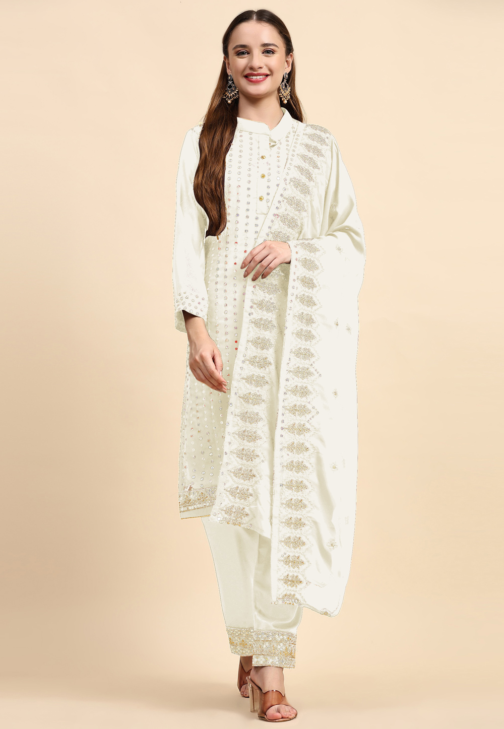 Off White Faux Georgette Pant Style Suit 273588