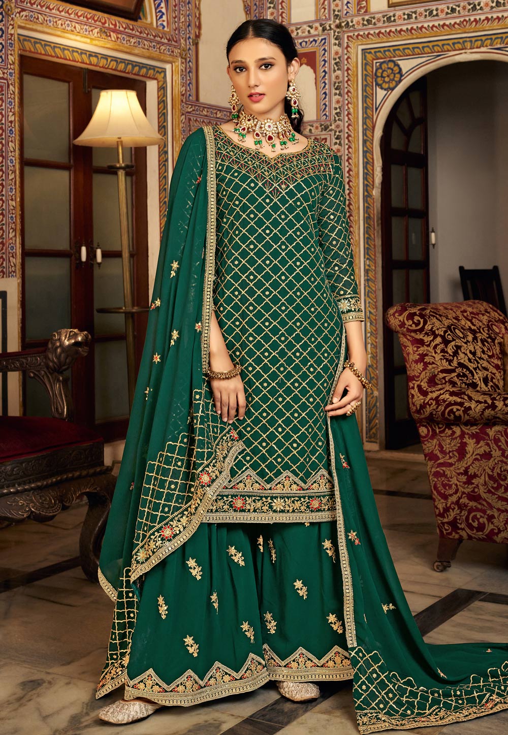 Green Chinon Pakistani Palazzo Suit 273415