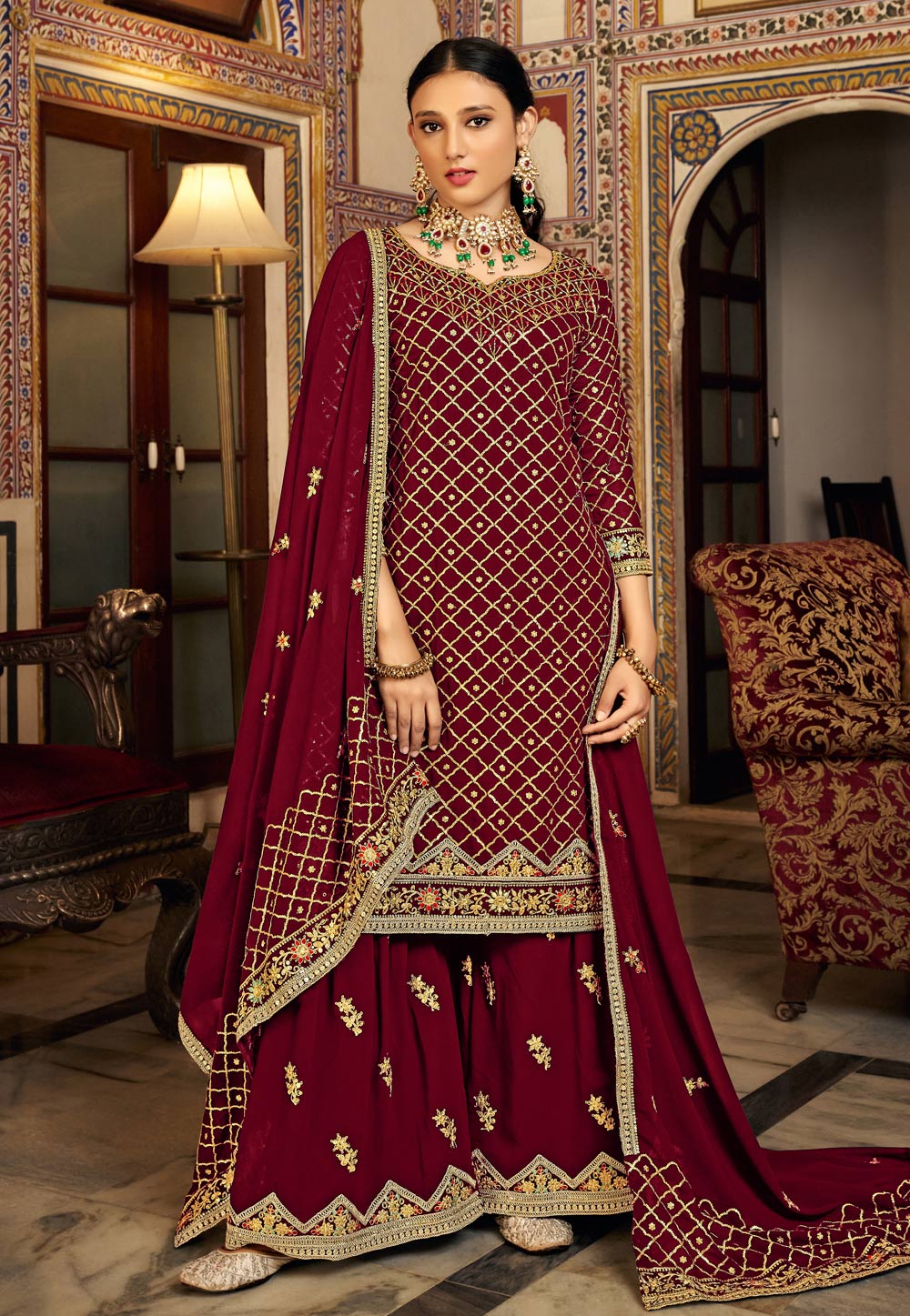 Maroon Chinon Pakistani Palazzo Suit 273418