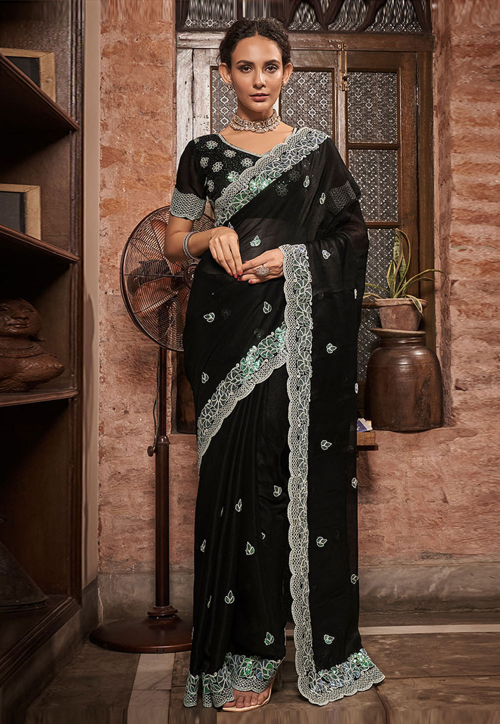 Stylish Black Chiffon saree for women and girls-sgquangbinhtourist.com.vn