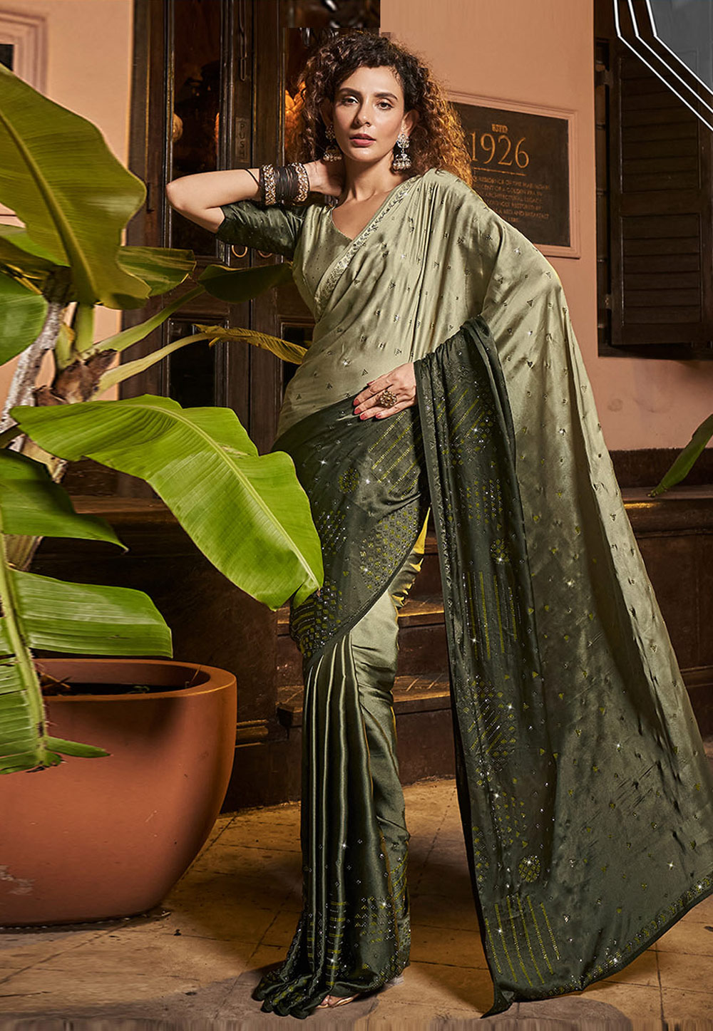 Camo Green Satin Georgette Saree With Blouse 273922