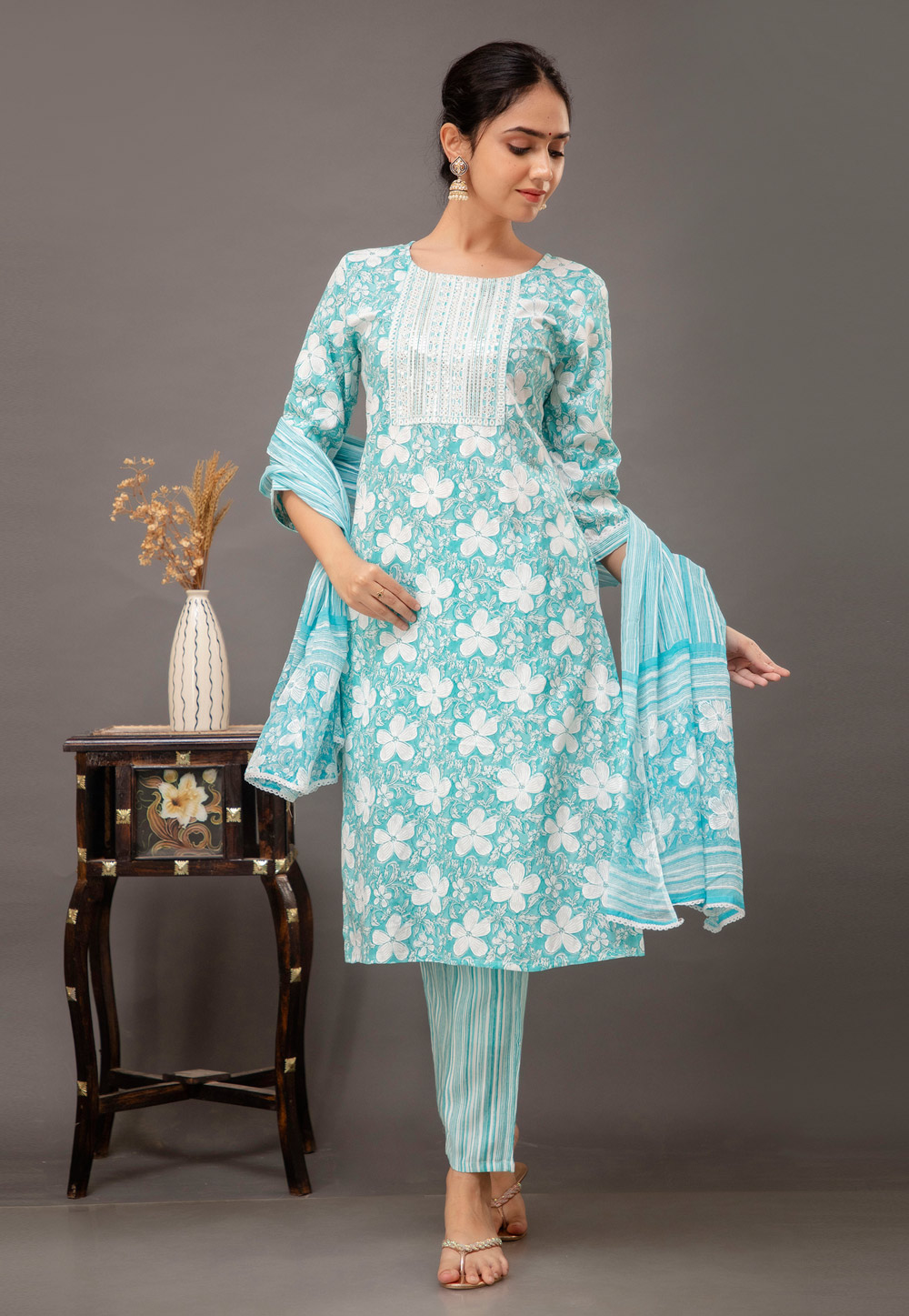 Sky Blue Rayon Readymade Pant Style Suit 273900