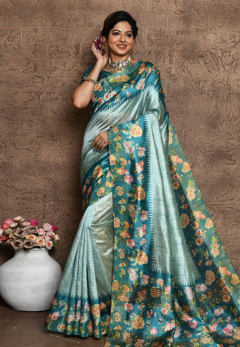 Sky Blue Tussar Silk Saree With Blouse 273930