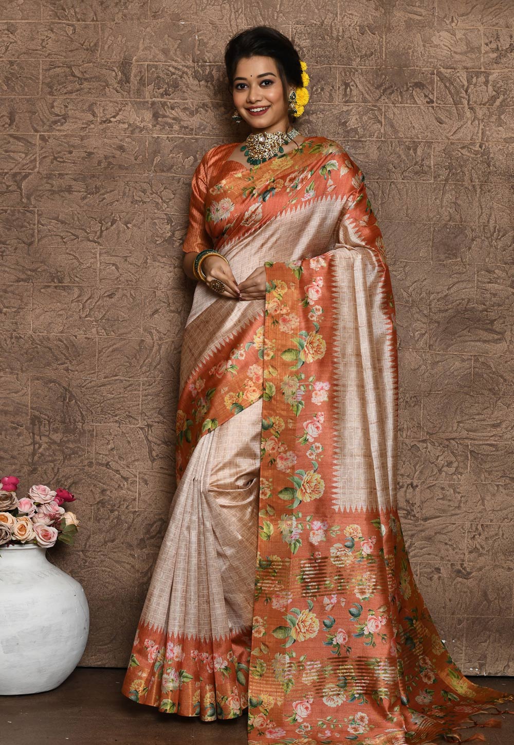 Peach Tussar Silk Saree With Blouse 273931