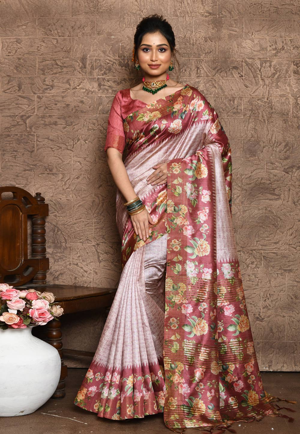 Light Pink Tussar Silk Saree With Blouse 273935