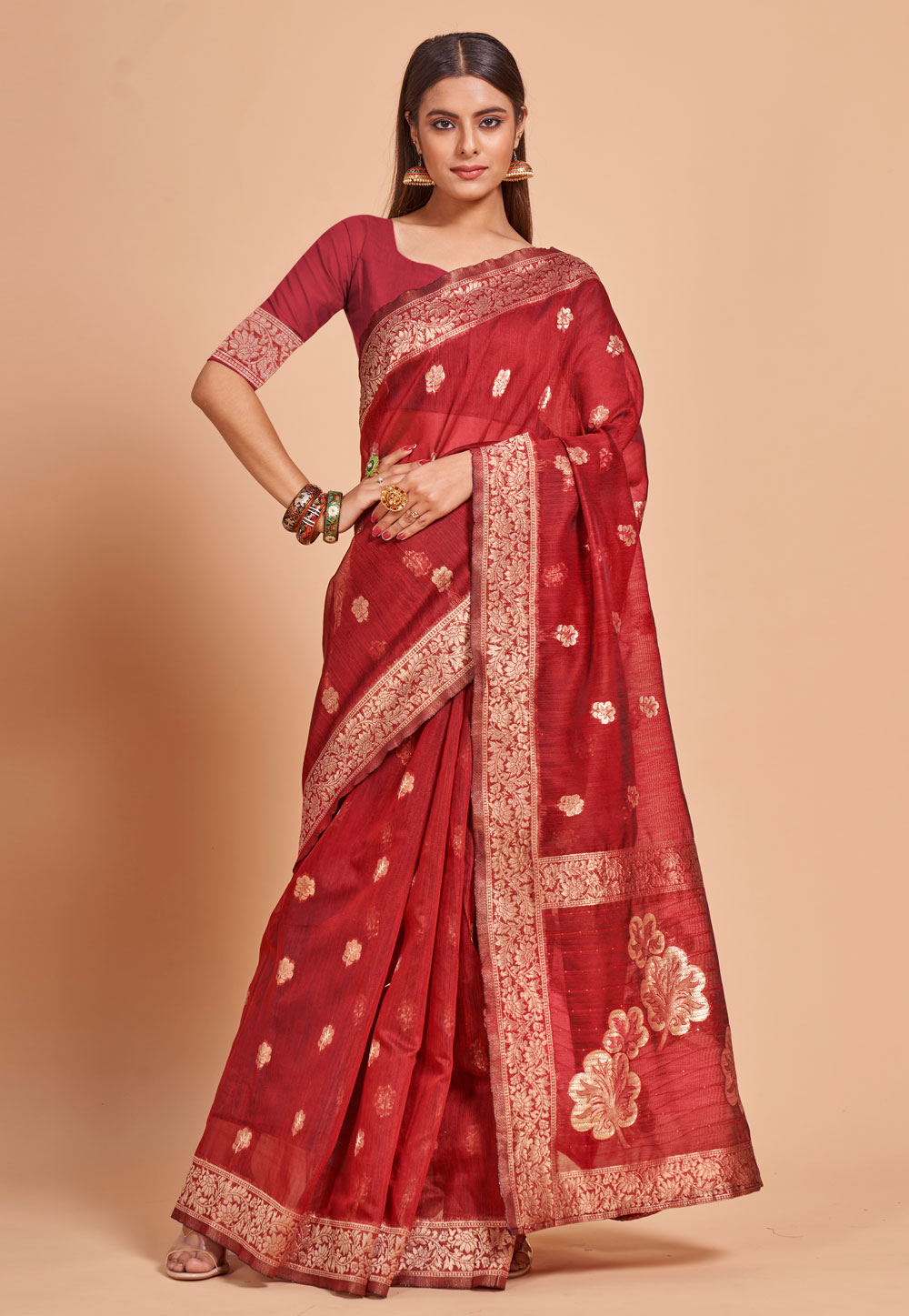 Red Cotton Saree With Blouse 274195