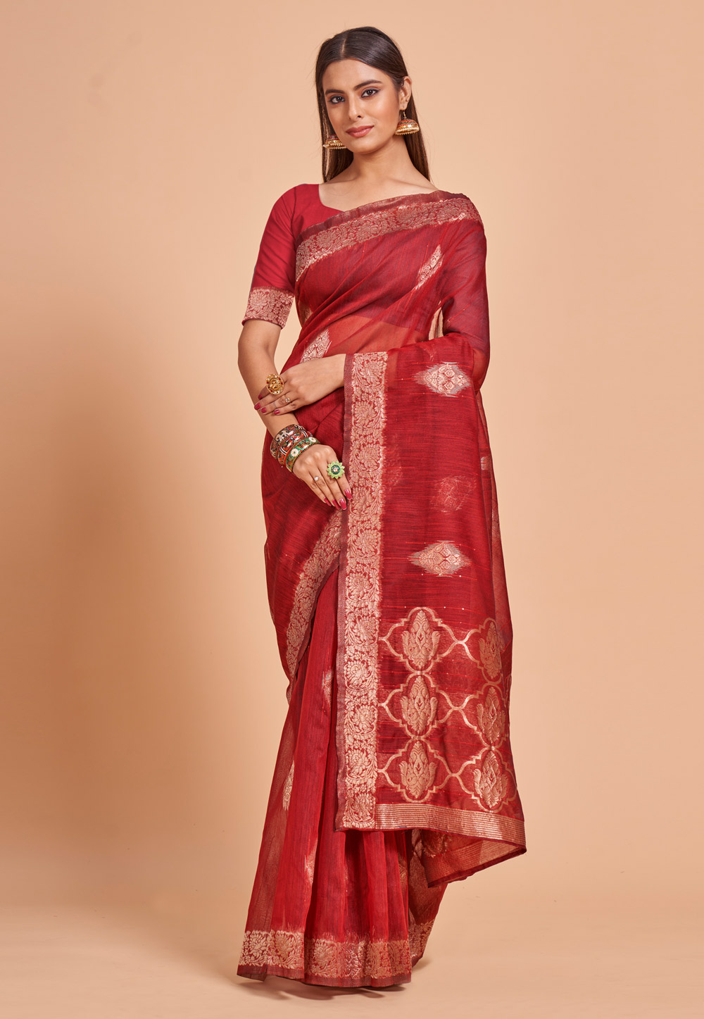 Red Cotton Saree With Blouse 274199