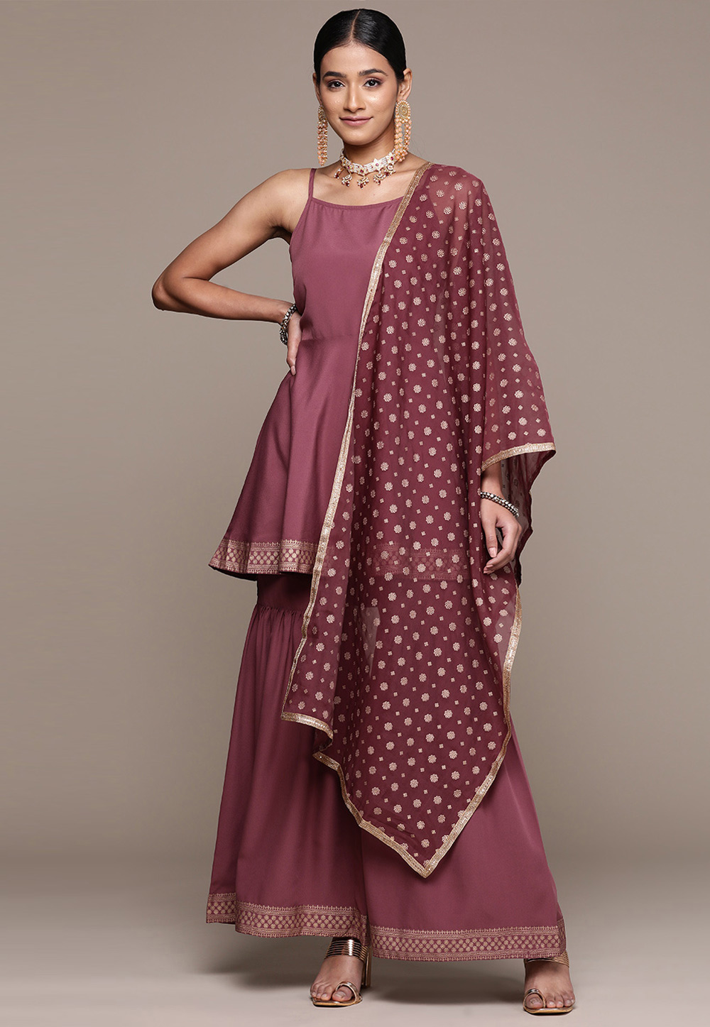 Pink Crepe Readymade Sharara Suit 274414