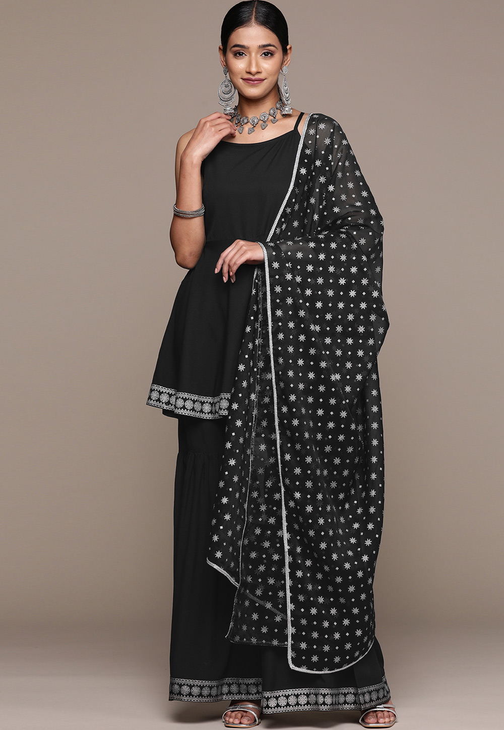 Black Crepe Readymade Sharara Suit 274415
