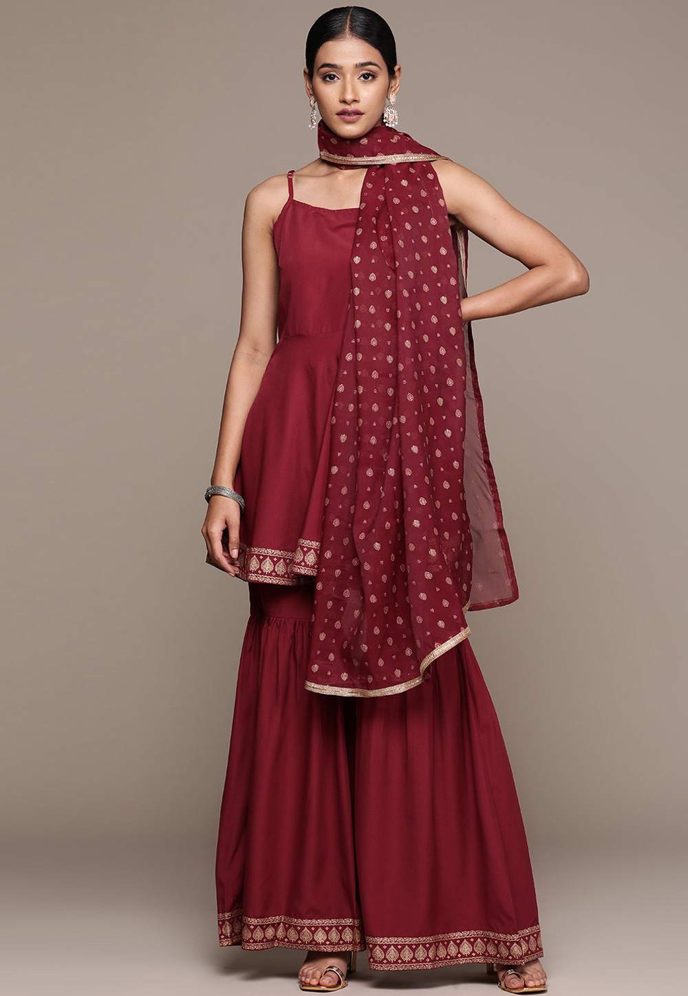 Maroon Crepe Readymade Sharara Suit 274416