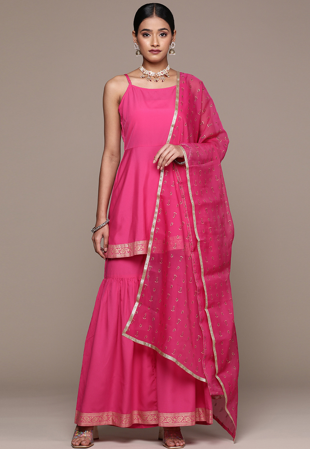 Pink Crepe Readymade Sharara Suit 274417