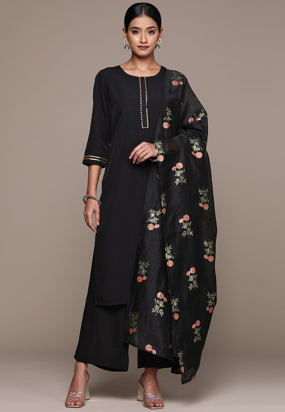 Black Crepe Readymade Palazzo Suit 274421