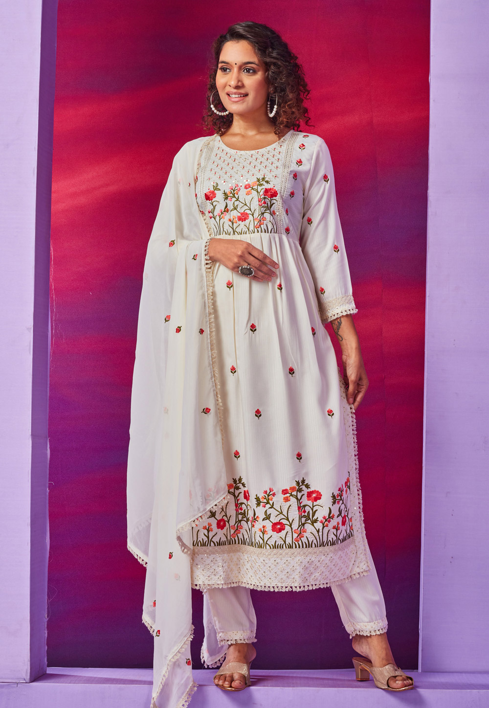 Pakistani Fancy Embroidered Off-white Shalwar Kameez with Red Georgette  Dupatta