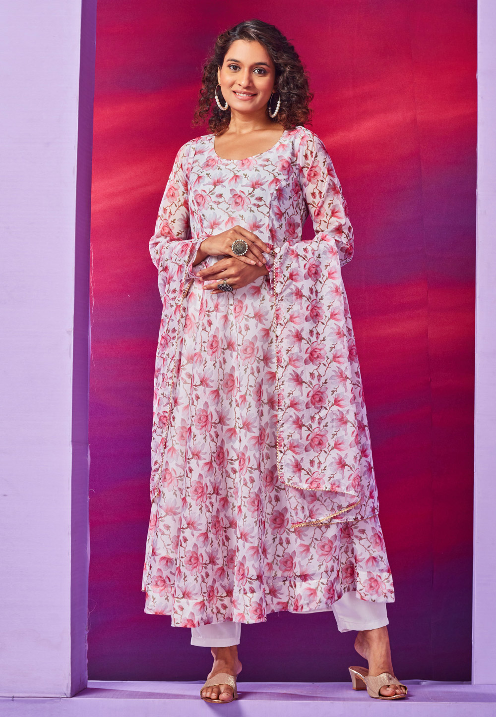 White Organza Readymade Long Anarkali Suit 274514
