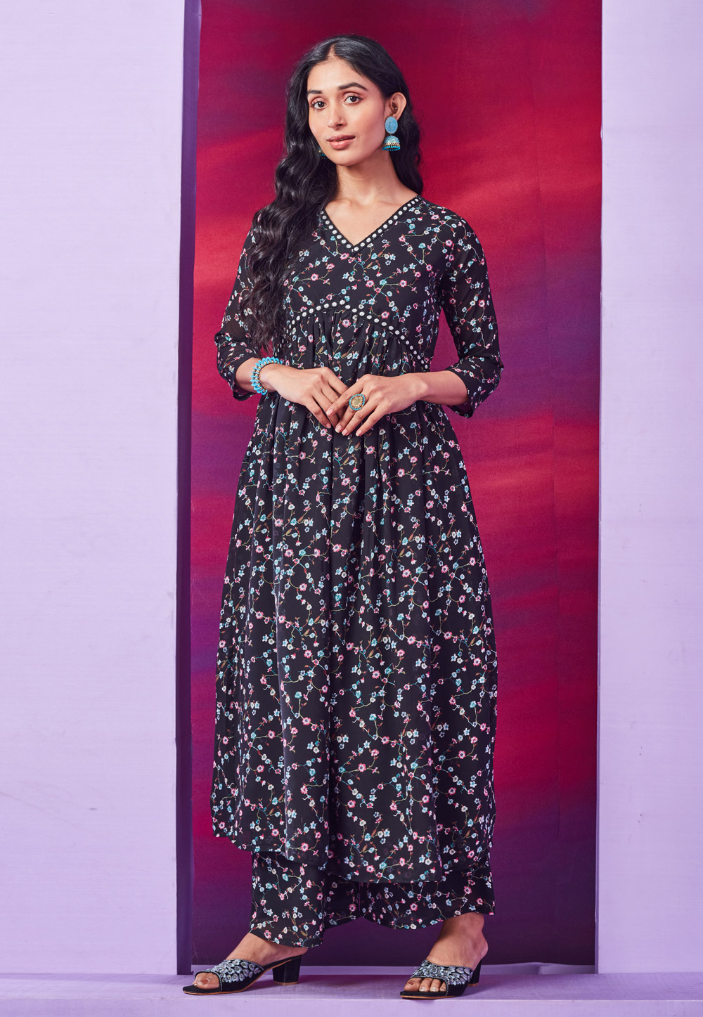 Black Chiffon Kurta Set With Palazzo 274373