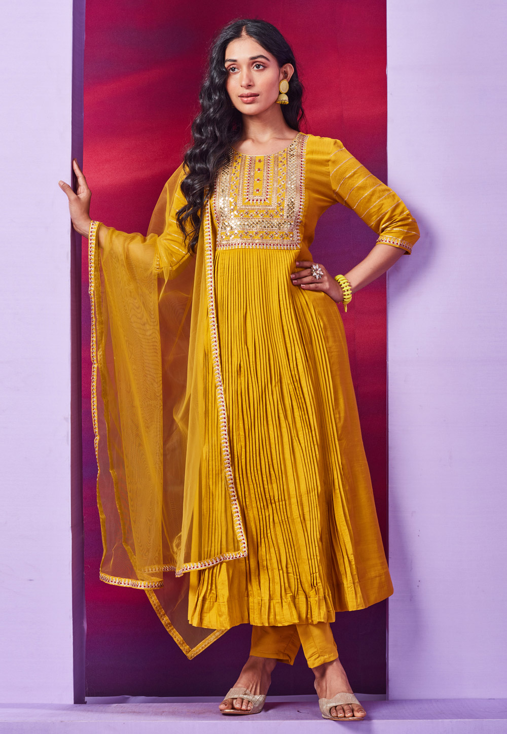 Mustard Chanderi Silk Readymade Pakistani Suit 274374