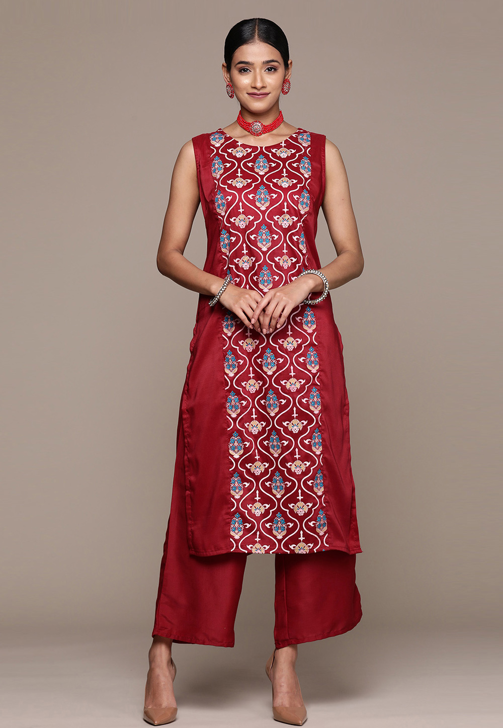 Maroon Chinon Kurta Set With Palazzo 274746