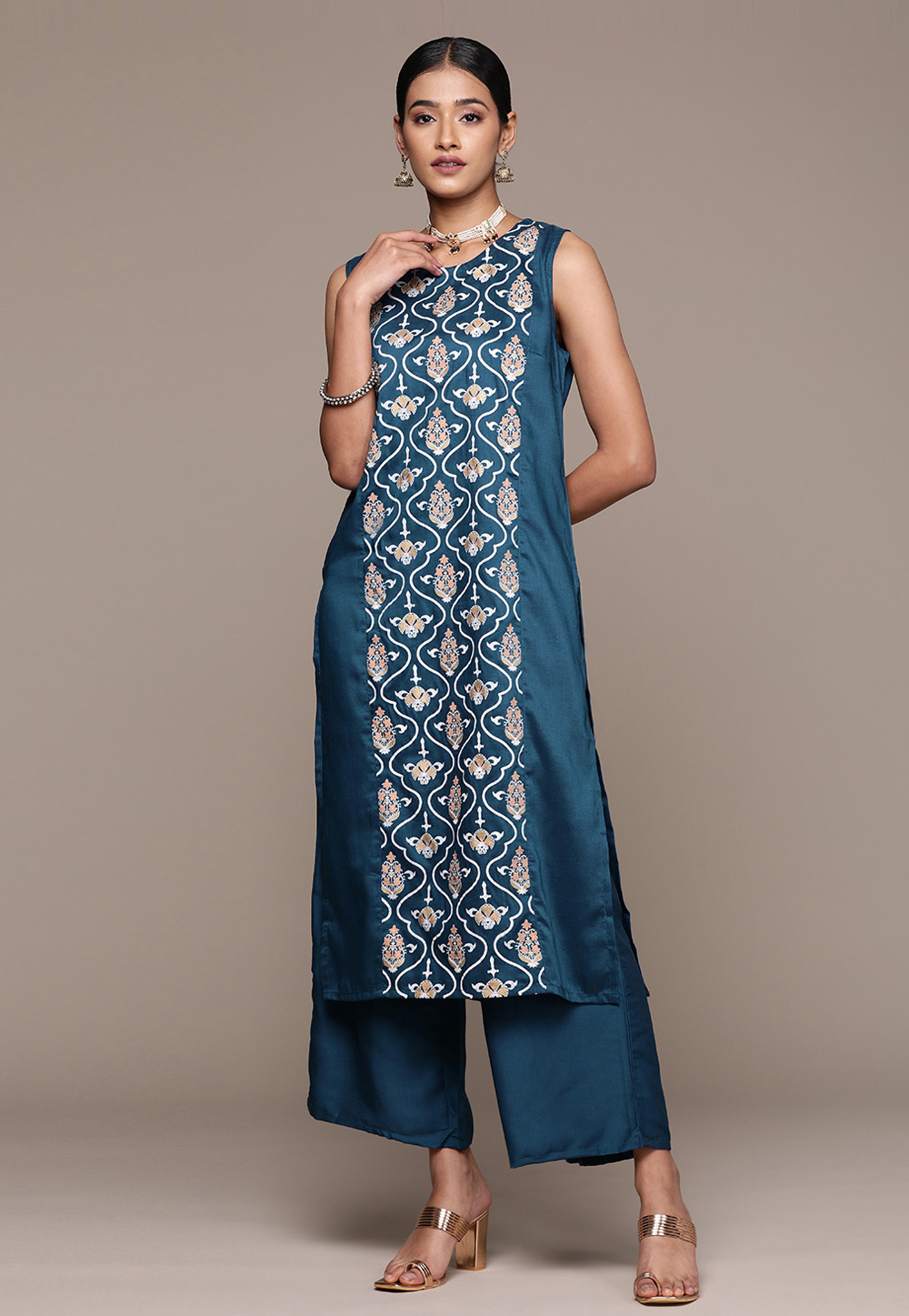 Teal Chinon Kurta Set With Palazzo 274747