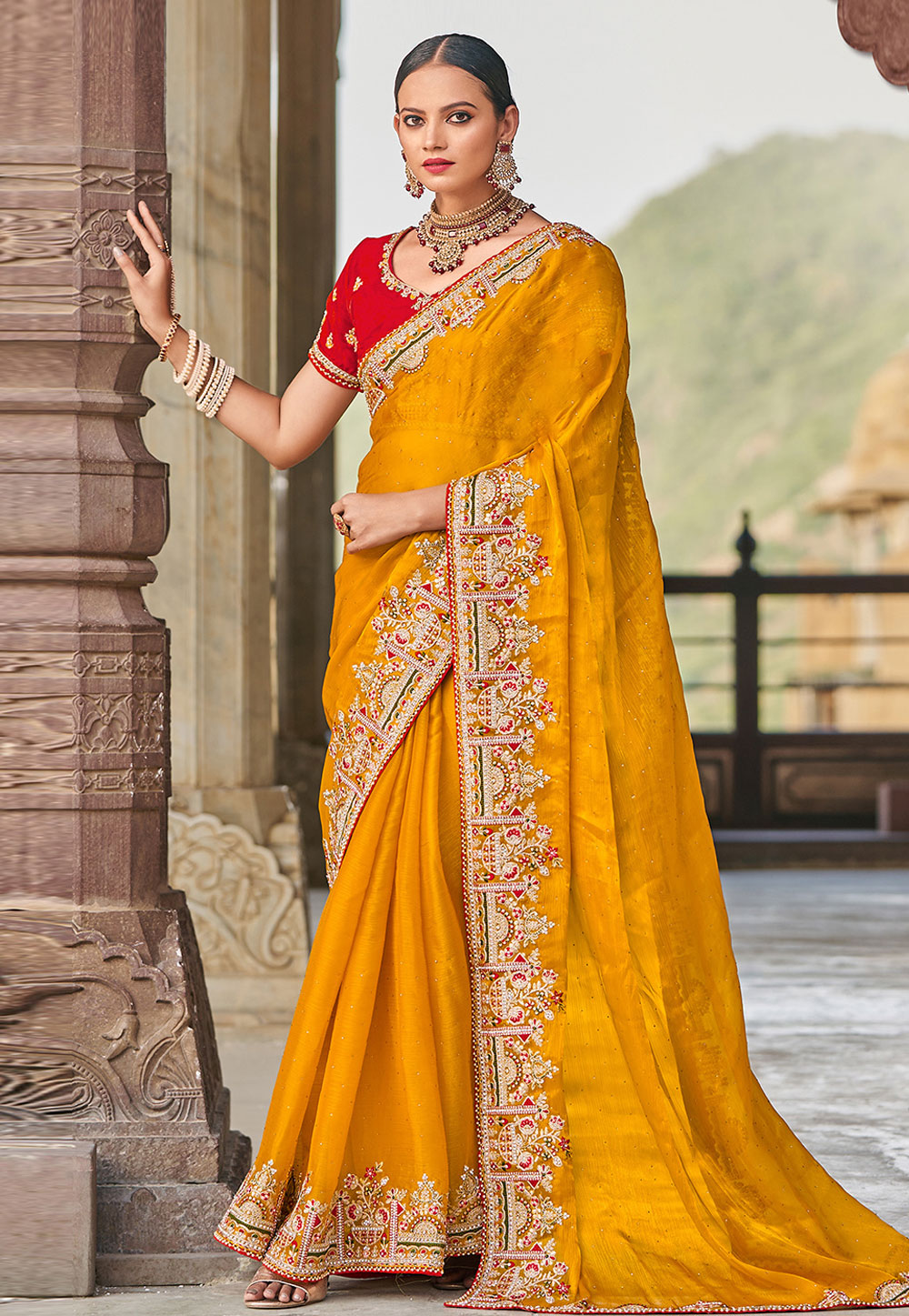 Mustard Satin Saree With Blouse 275066
