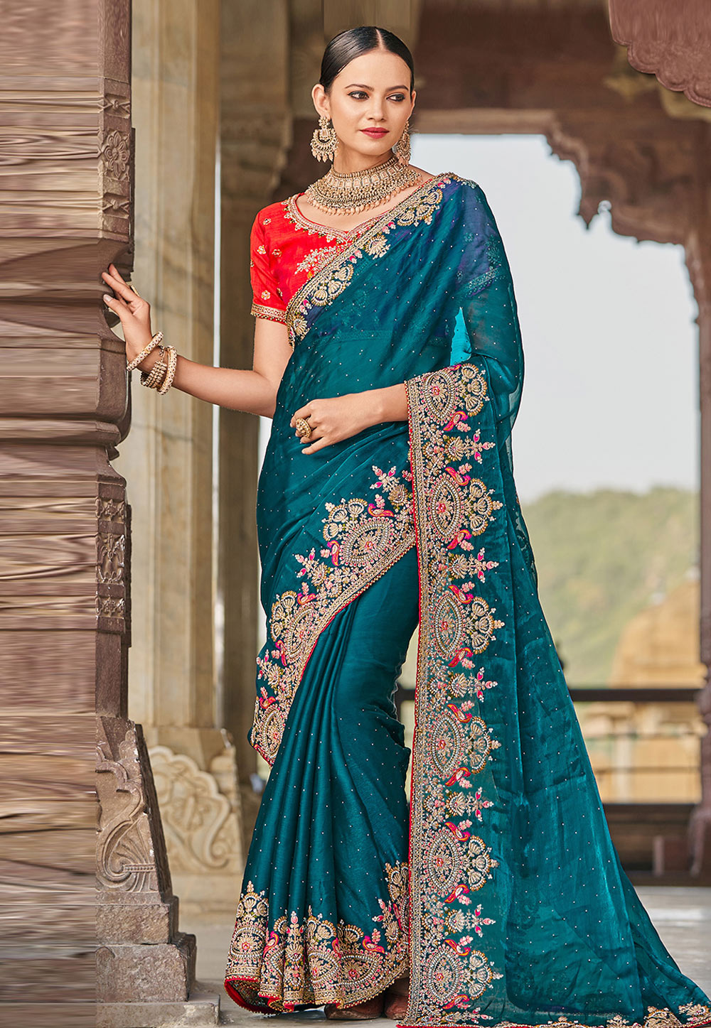 Teal Satin Saree With Blouse 275067