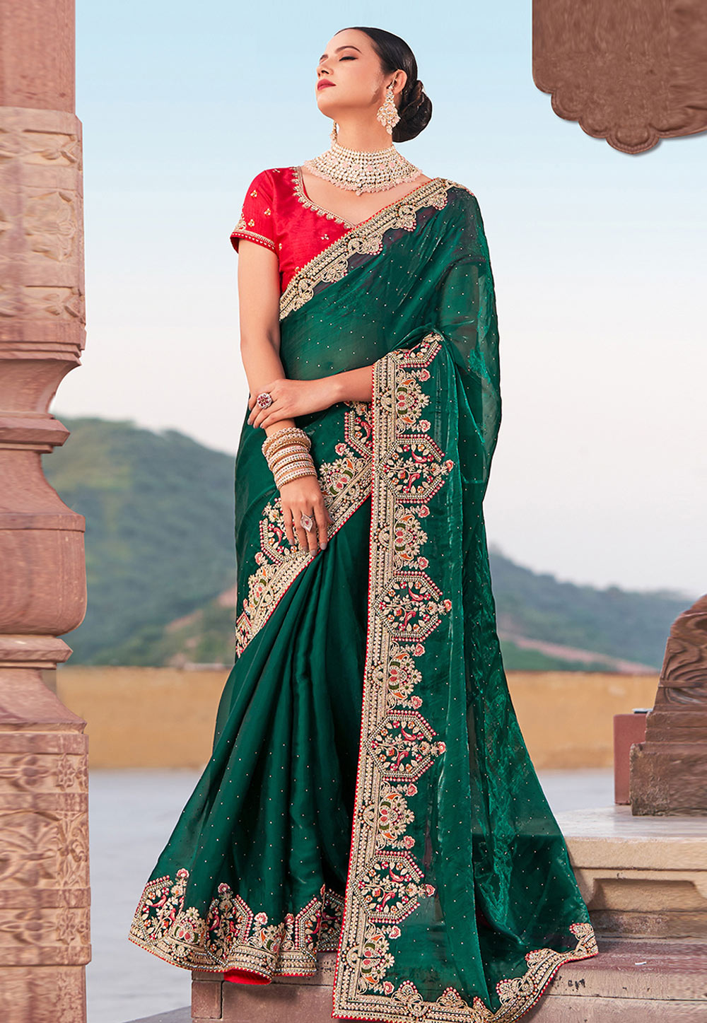 Green Satin Saree With Blouse 275068