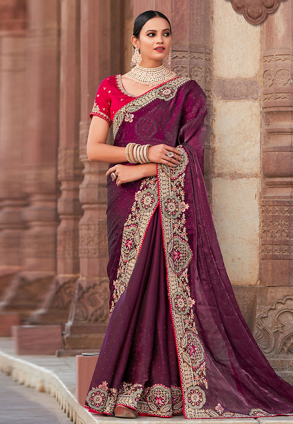 Wine Satin Saree With Blouse 275070