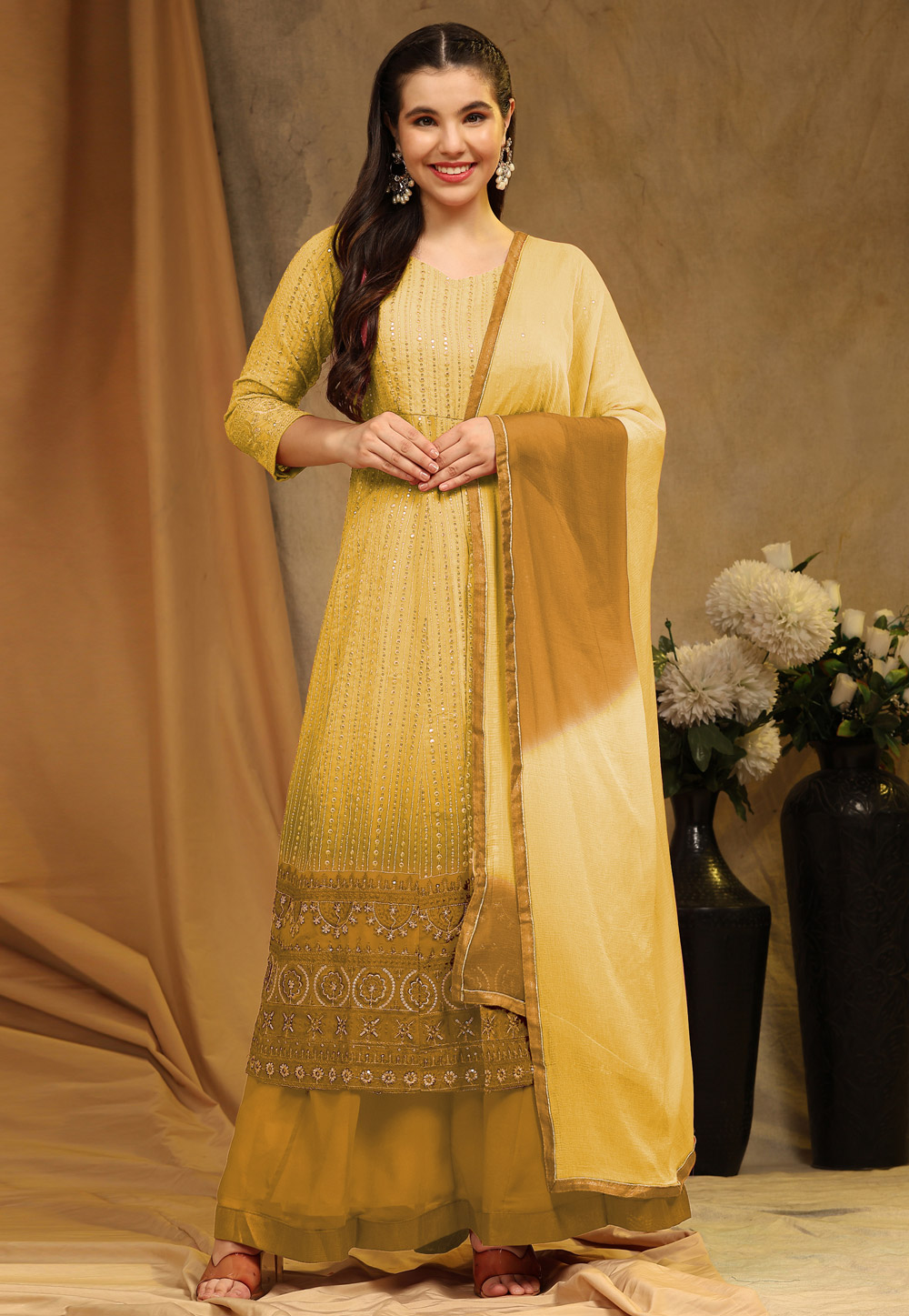 Yellow Faux Georgette Sharara Suit 276298