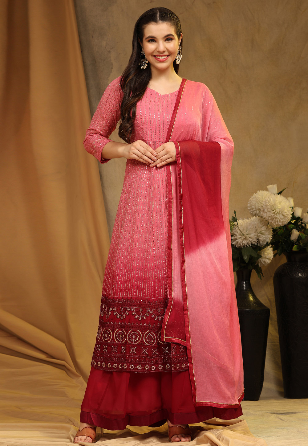 Pink Faux Georgette Gharara Suit 276301