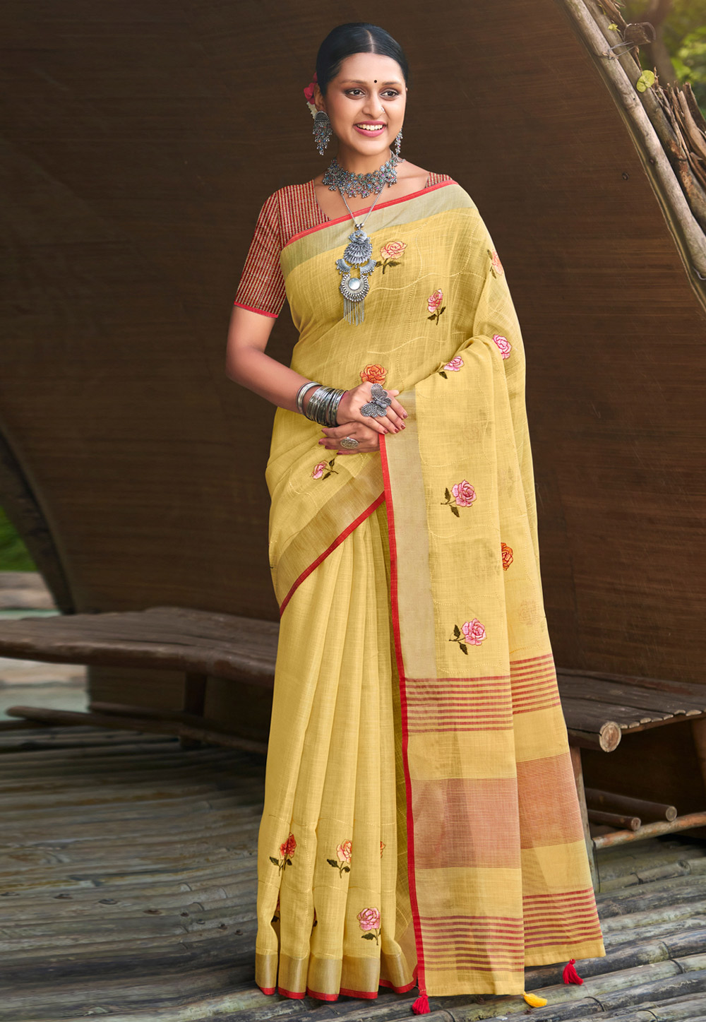 Yellow Linen Saree With Blouse 276789