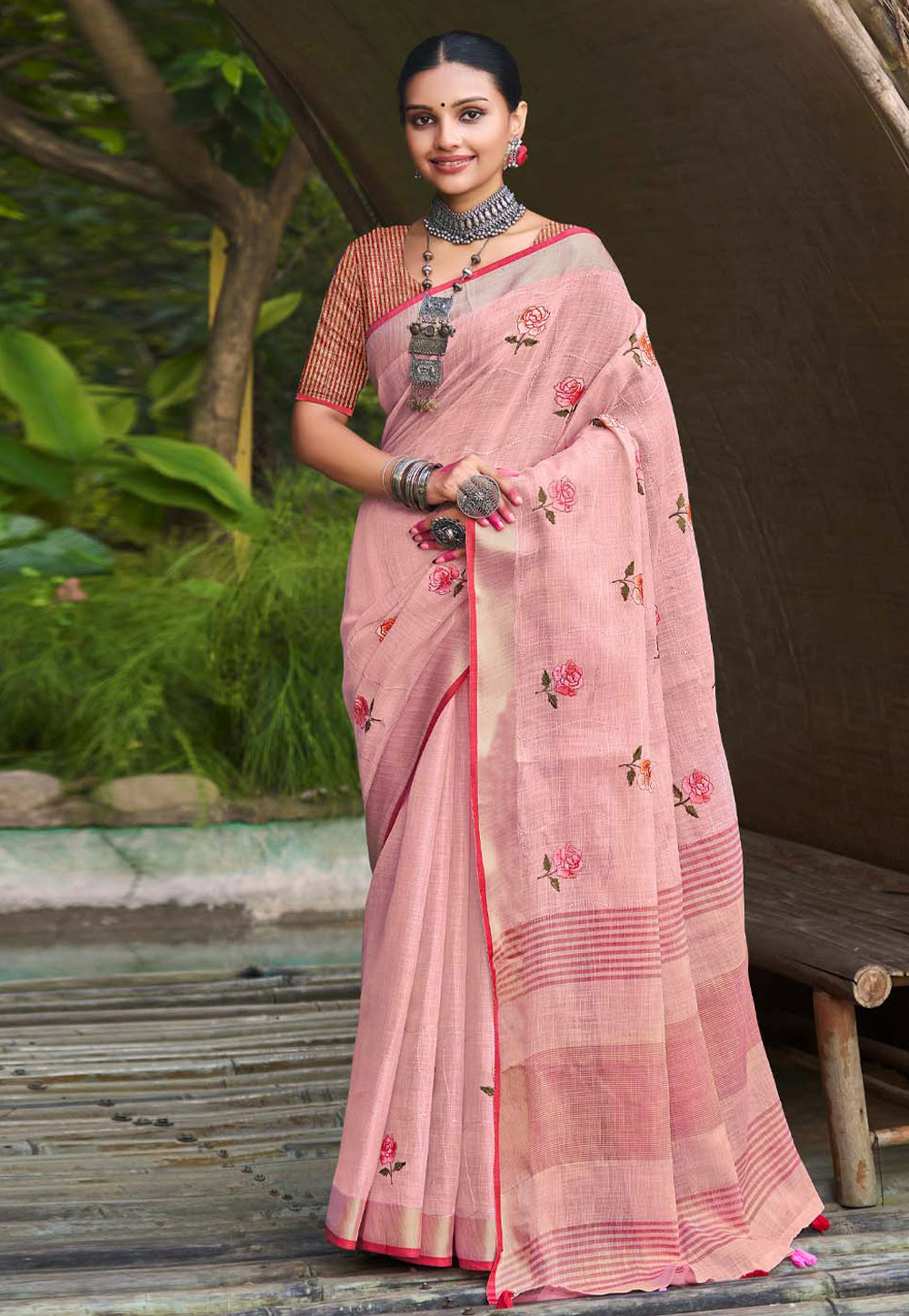 Pink Linen Saree With Blouse 276790