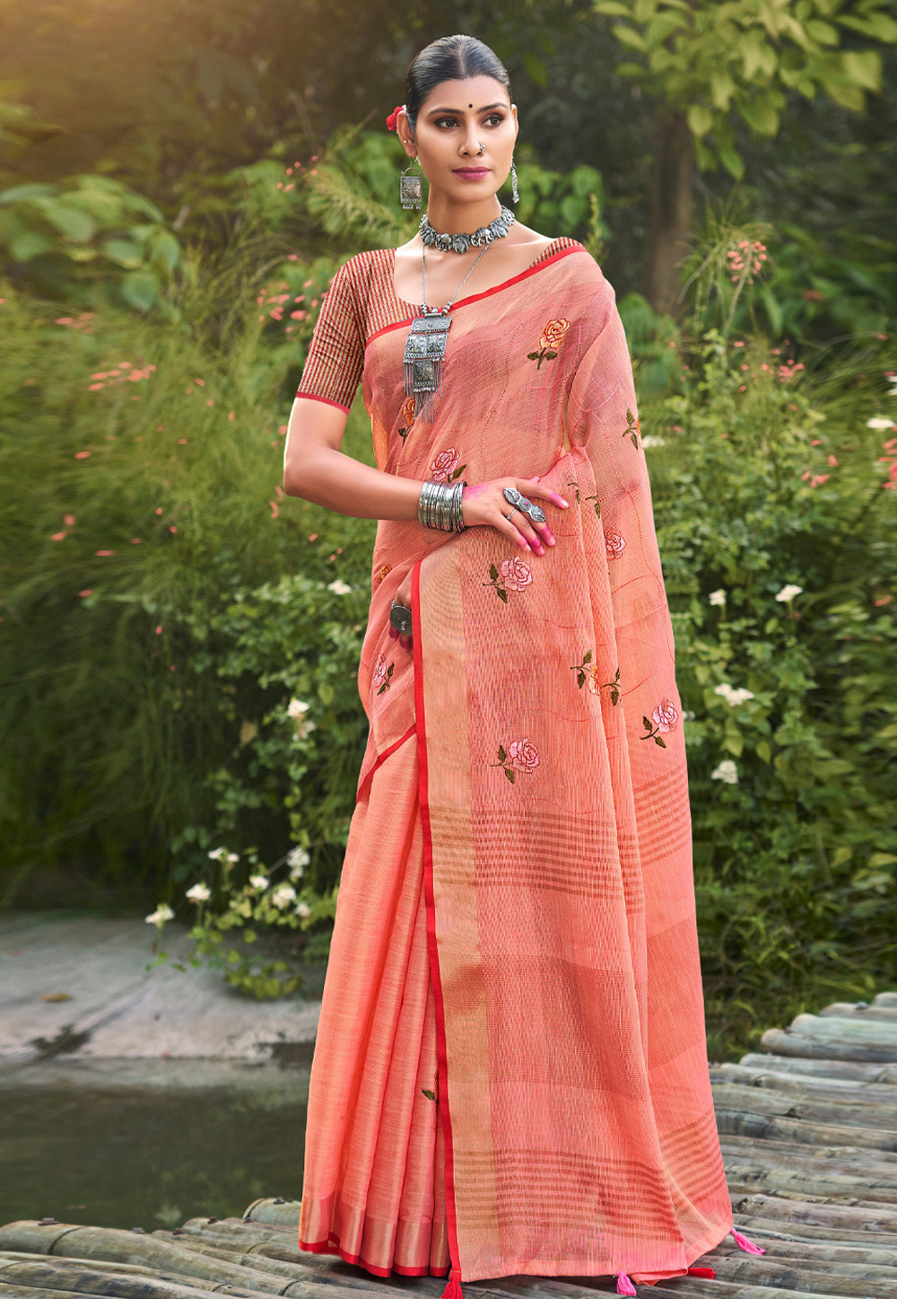 Peach Linen Saree With Blouse 276792