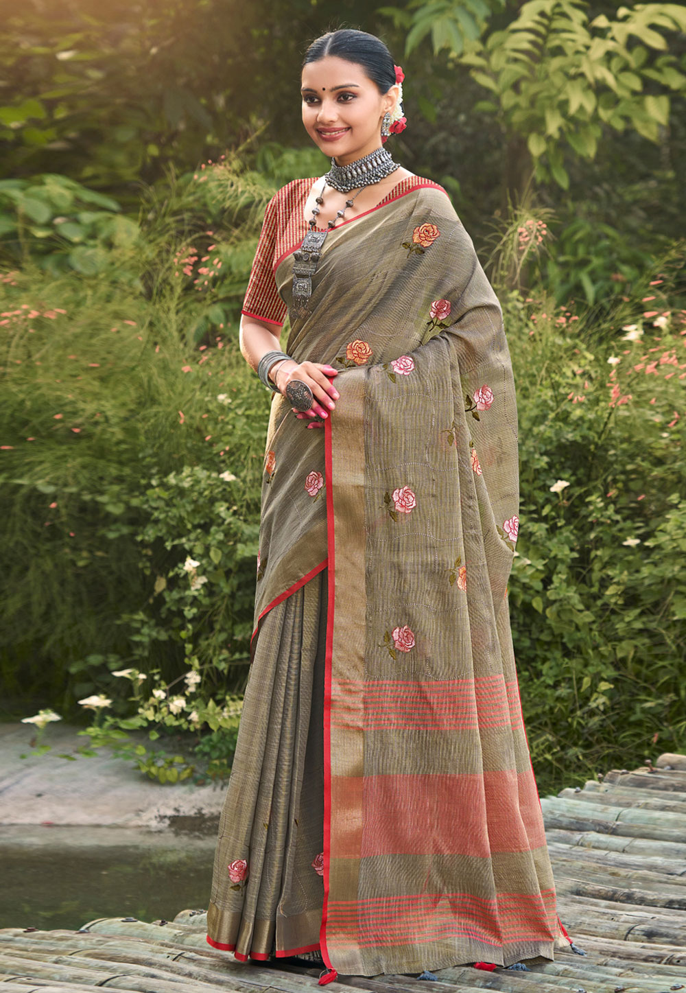 Brown Linen Saree With Blouse 276794