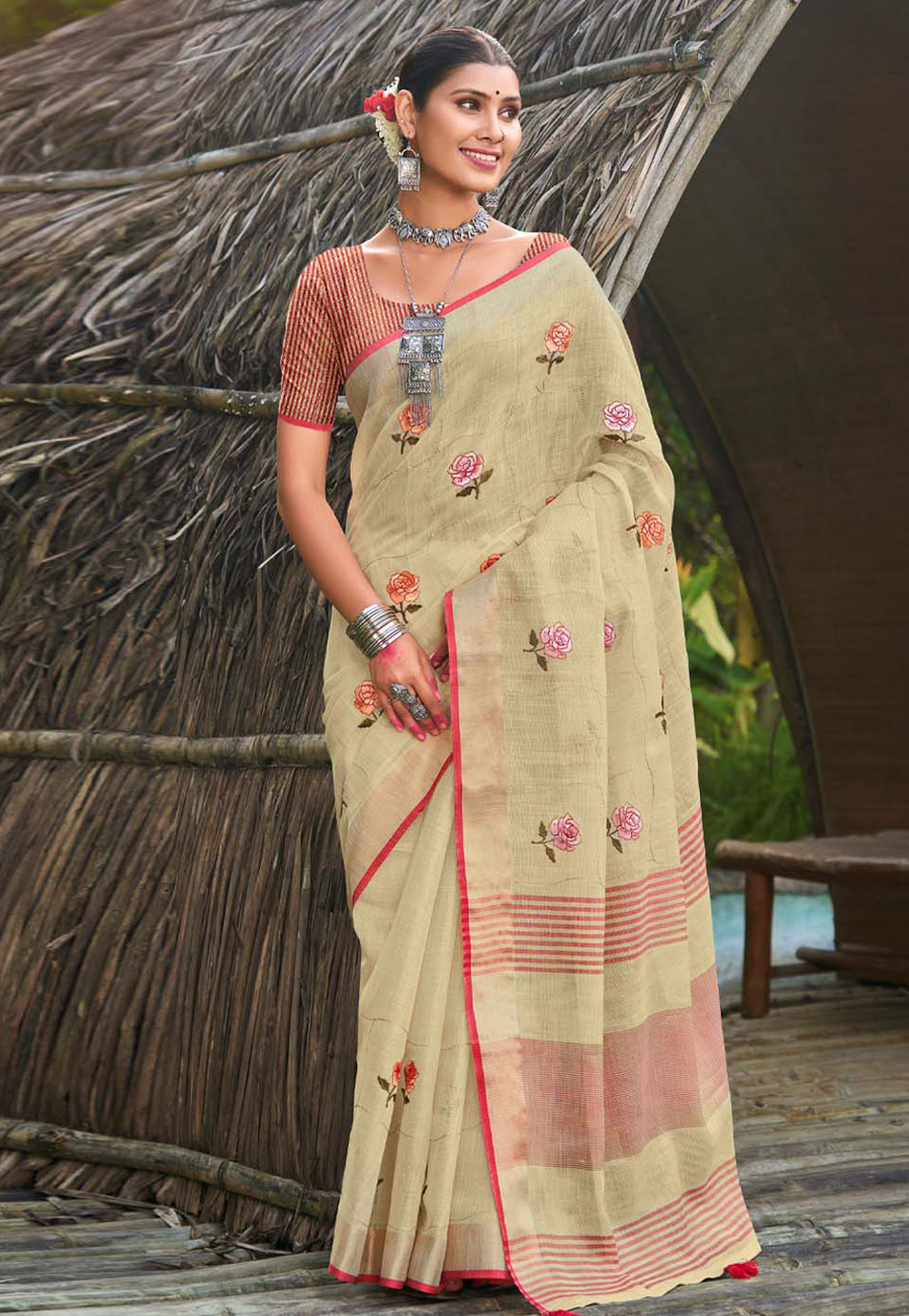 Beige Linen Saree With Blouse 276796