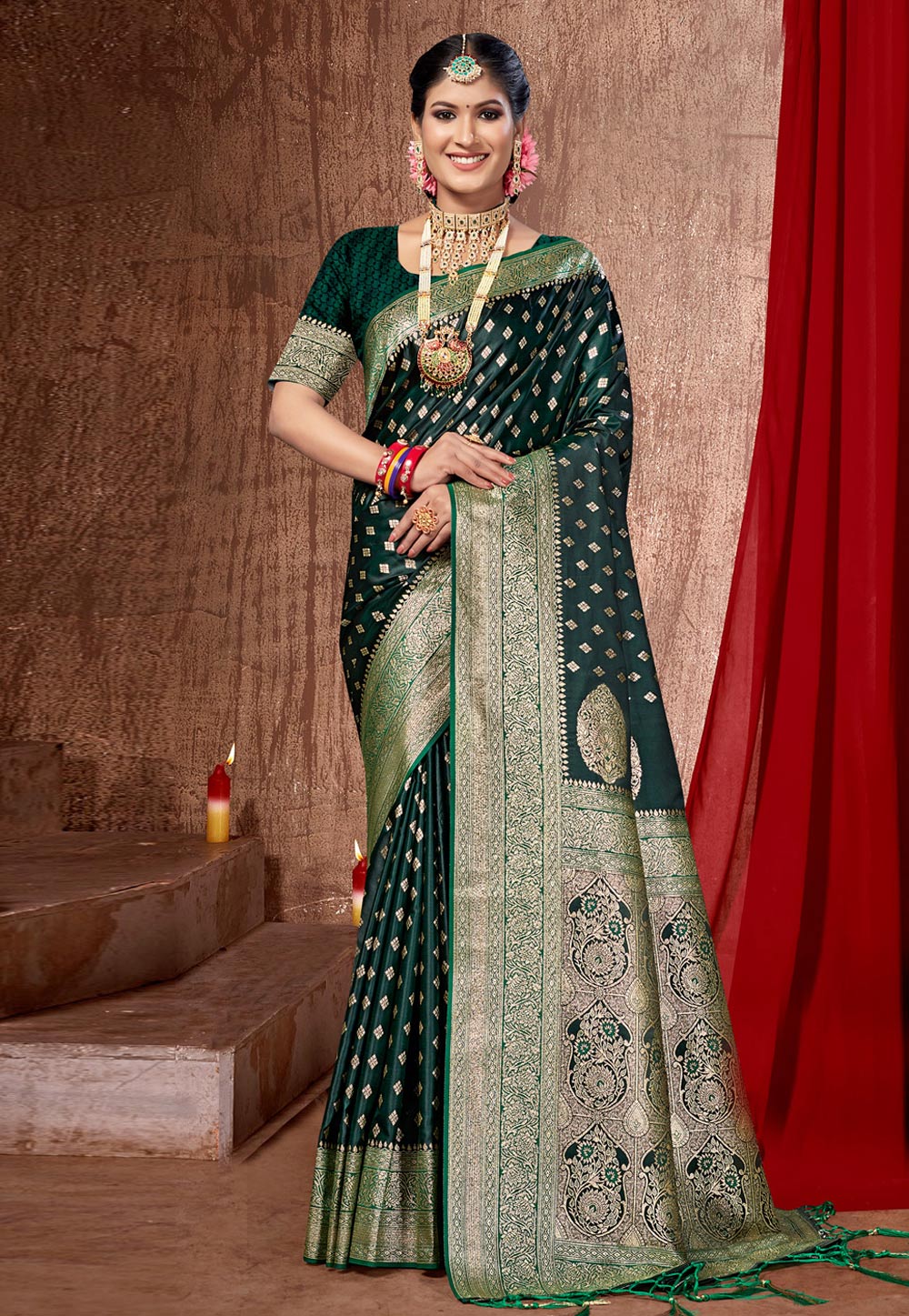 Green Banarasi Silk Saree With Blouse 276946