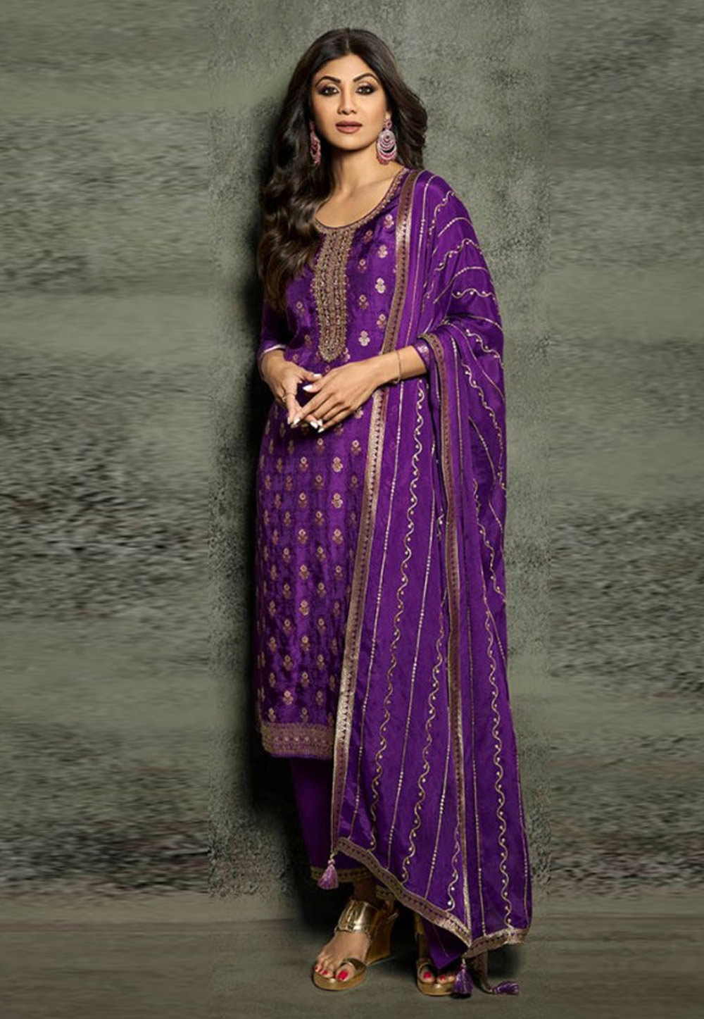Shilpa Shetty Violet Jacquard Silk Pant Style Suit 276999