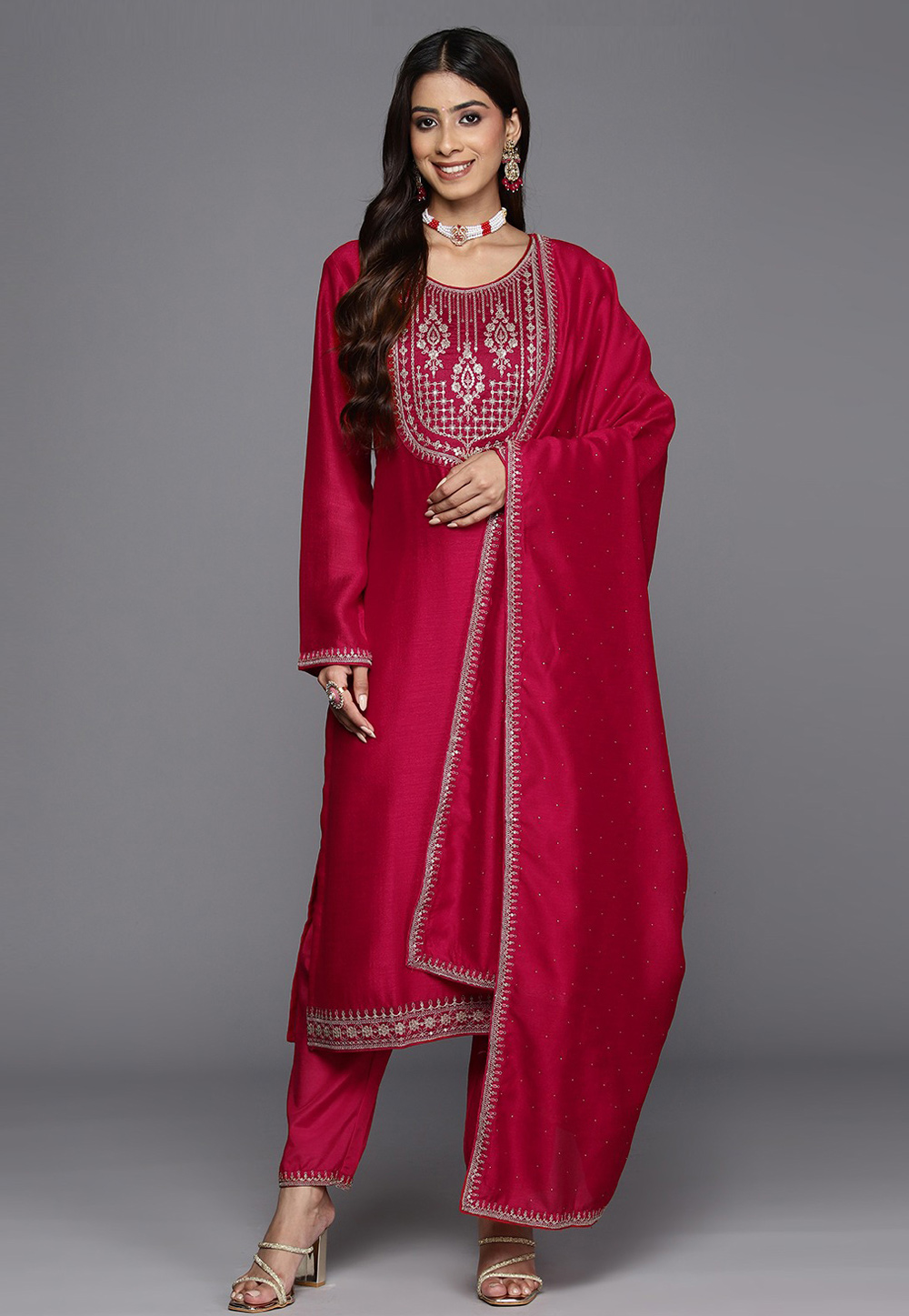 Magenta Silk Readymade Pakistani Suit 276973