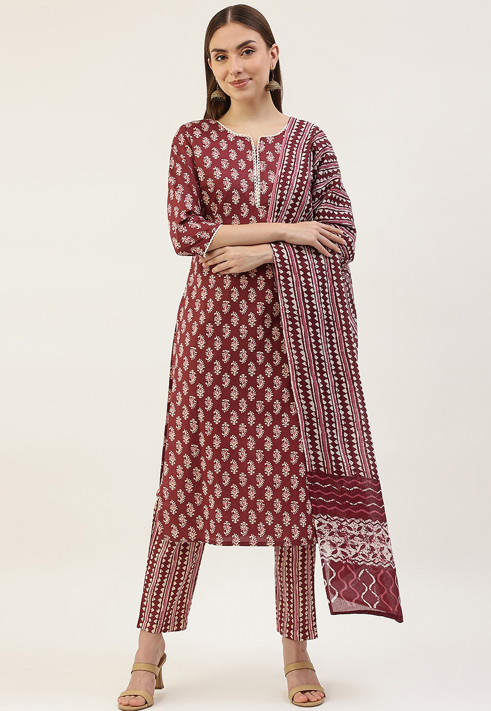 Maroon Cotton Readymade Pant Style Suit 276922