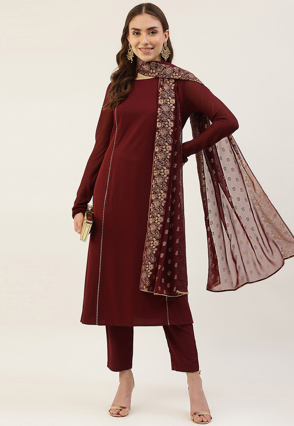 Maroon Crepe Readymade Pant Style Suit 276925