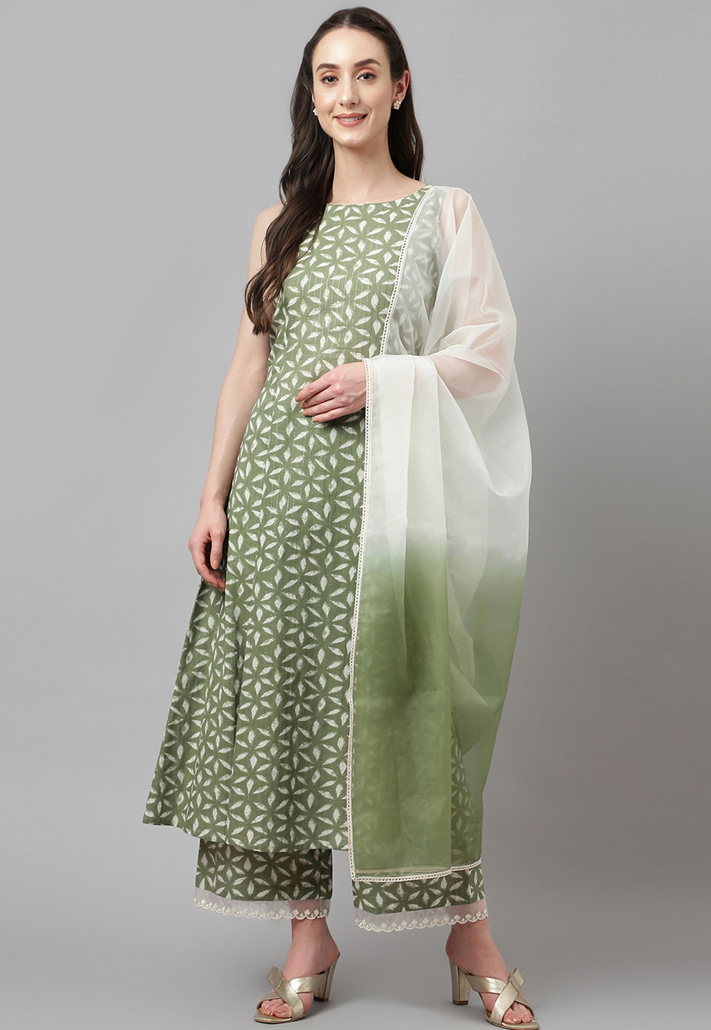 Green Cotton Readymade Palazzo Suit 276928