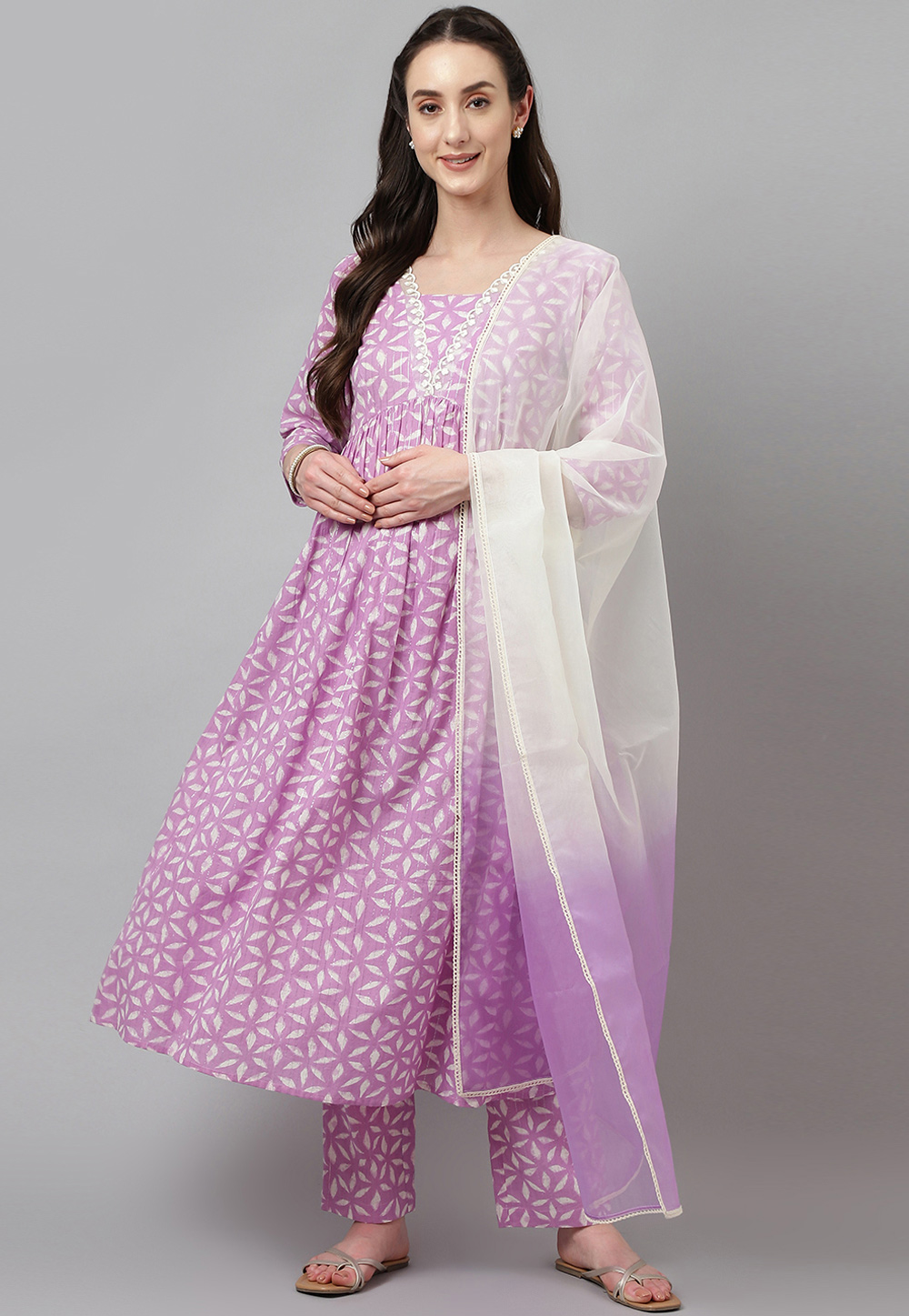 Lavender Cotton Readymade Anarkali Suit 276929