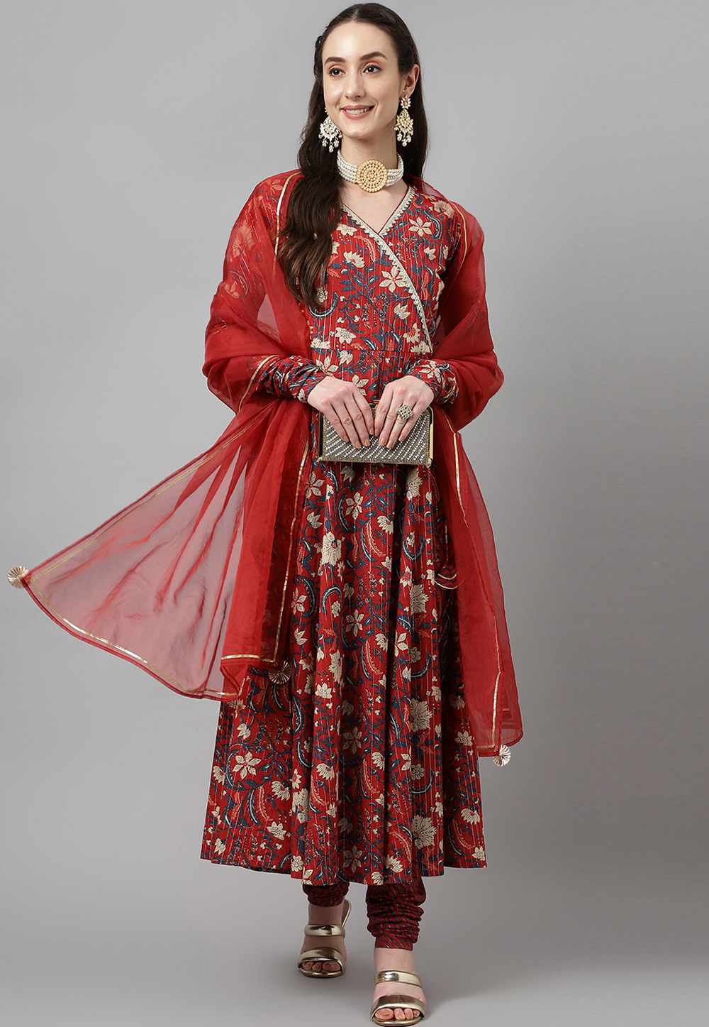 Red Cotton Readymade Anarkali Suit 276930