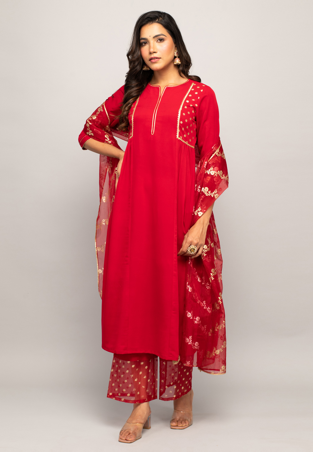Red Crepe Readymade Palazzo Suit 277071