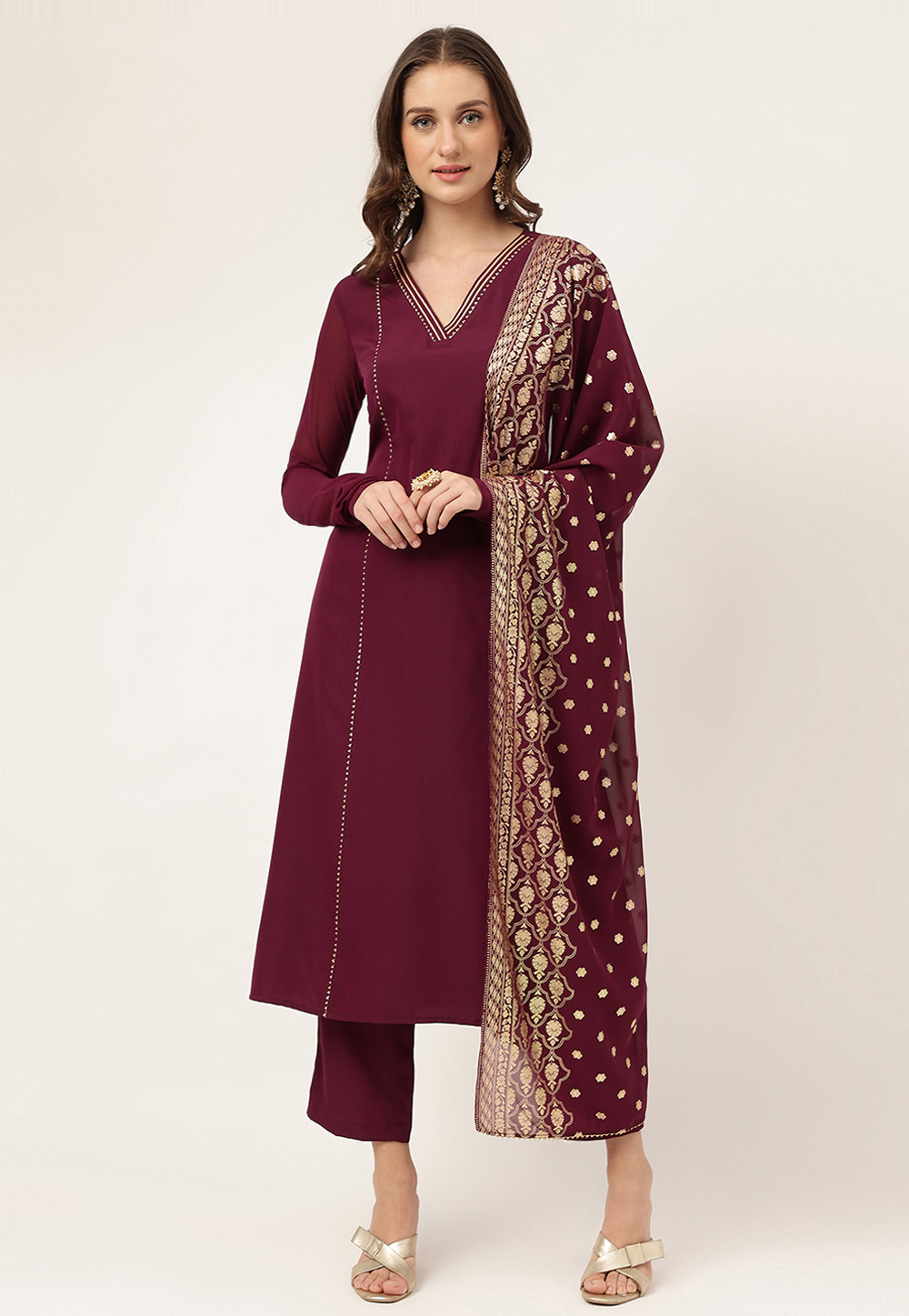 Wine Crepe Readymade Pant Style Suit 277302