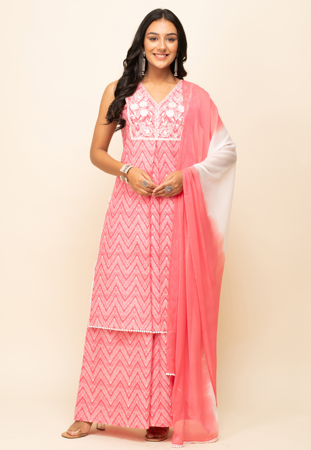 Pink Cotton Readymade Palazzo Suit 277305