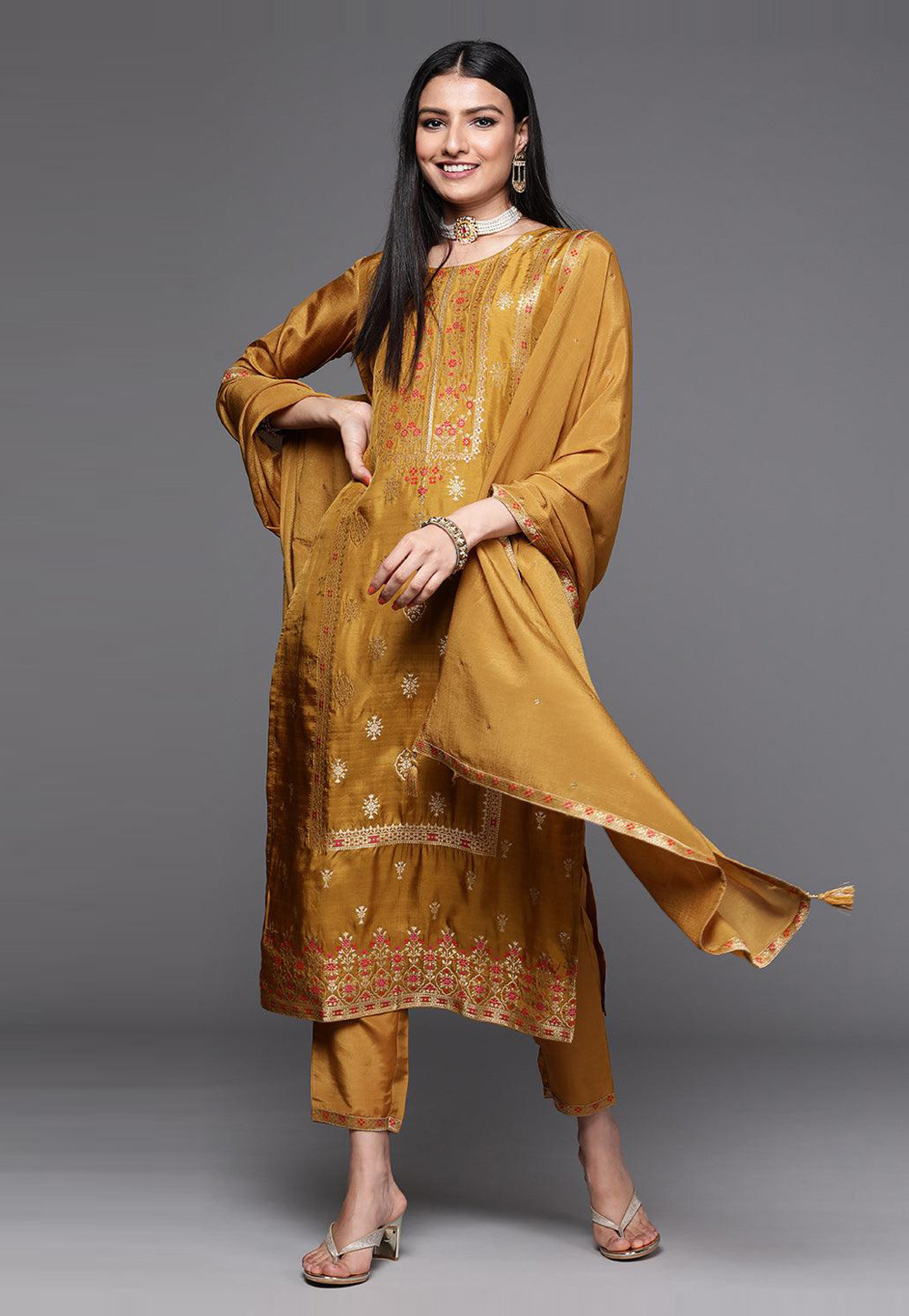 Mustard Viscose Readymade Pant Style Suit 277537